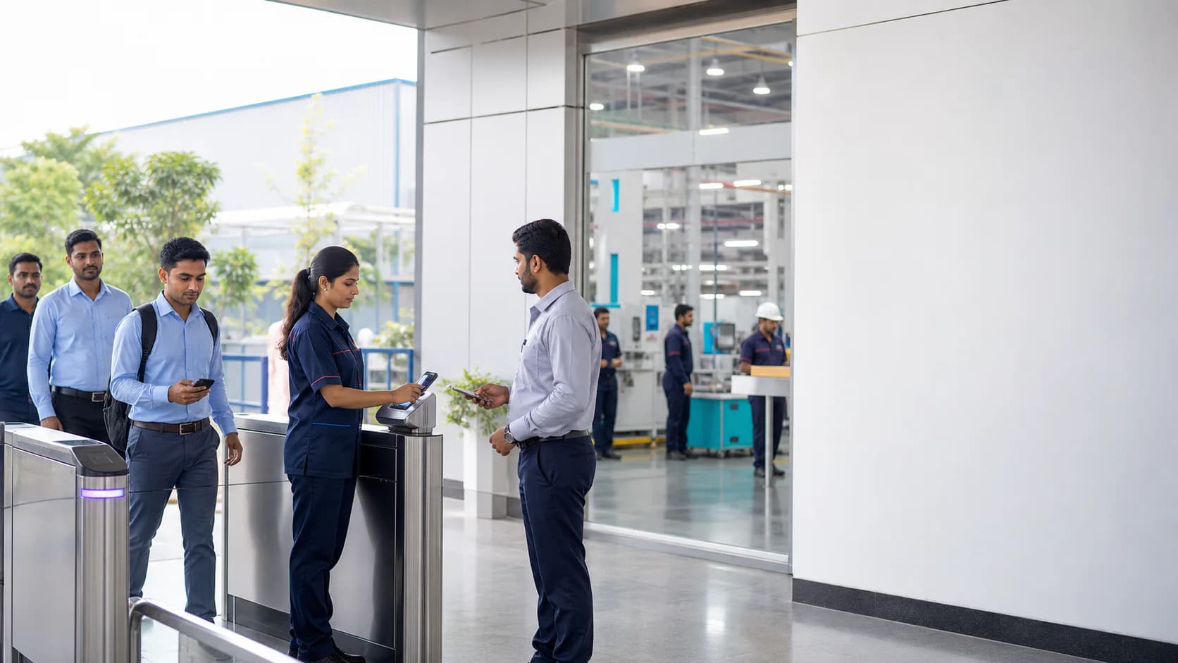 Employees checking attendance at a modern Indian facility